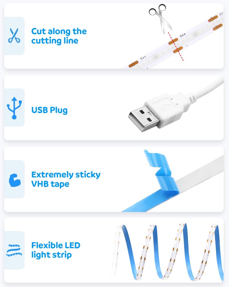 Aclorol شريط إضاءة LED COB Aclorol 1M 5V مرن أزرق لشريط الإضاءة لغرفة النوم مع كابل USB بطول 1M غير قابل للتعتيم لخزانة المطبخ وغرفة الألعاب وزينة DIY داخلية 320LEDs/M CRI85+ - Image 4