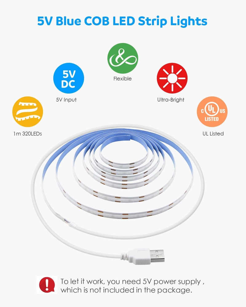 Aclorol شريط إضاءة LED COB Aclorol 1M 5V مرن أزرق لشريط الإضاءة لغرفة النوم مع كابل USB بطول 1M غير قابل للتعتيم لخزانة المطبخ وغرفة الألعاب وزينة DIY داخلية 320LEDs/M CRI85+ - Image 3