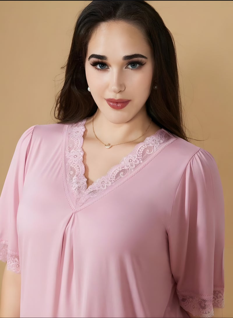 طقم نوم نسائي مريح بأكمام قصيرة – قطعتان: قميص نوم وسترة بغطاء رأس ودانتيل – قطن ناعم وقابل للتهوية – مقاس حر يناسب من 40 كجم حتى 110 كجم - Image 5