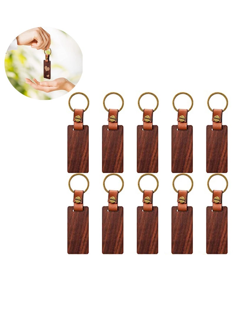 Excefore Wood Keychain Blanks No Engraving Rectangular Key Chain with Leather Ring DIY Lettering Pattern for Bag Ornaments Luggage Name Tags Ornaments with Holes Wedding Birthday Party Gift 10 PCS - Image 1