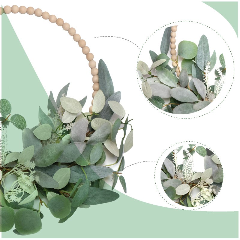 TEMPUS 16â€ Artificial Wood Bead Eucalyptus Wreath - Indoor/Outdoor Seasonal Farmhouse Door Decor with Artificial Greenery Perfect - Image 3