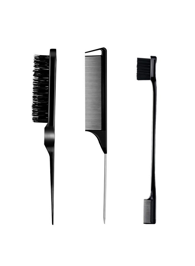 Goiple 3 Pieces Comb Set for Teasing, Edge & Back Brushing - Rat Tail & Edge Combs for Styling Women's Hair (Black) - Image 1
