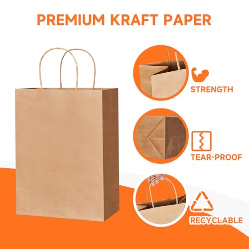 METAPRINT Brown Paper Gift Bags with Handles in Bulk, 100pcs Kraft Paper Bags 8x4.5x10.8 inch, Recyclable Shopping Bags for Retail, Grocery, Party Favors, Wedding - Image 3