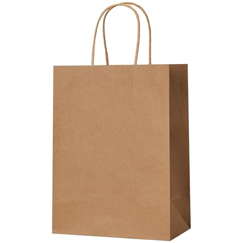 METAPRINT Brown Paper Gift Bags with Handles in Bulk, 100pcs Kraft Paper Bags 8x4.5x10.8 inch, Recyclable Shopping Bags for Retail, Grocery, Party Favors, Wedding - Image 1