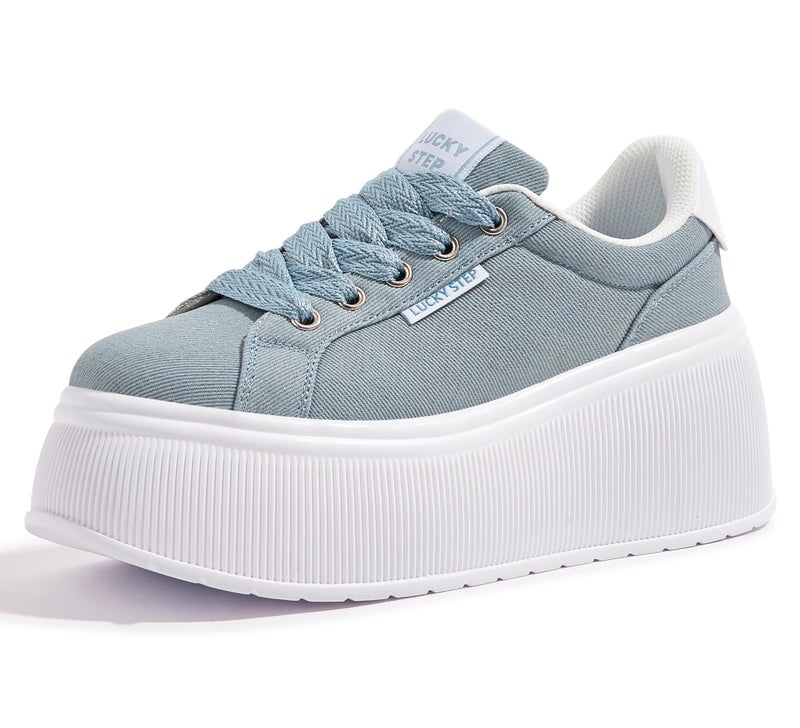 LUCKY STEP Women's Platform Fashion Sneakers Classic Wedge Canvas Casual Low Top Retro Walking Shoes(Denim Blue,11 B(M) US) - Image 1