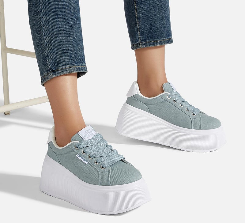LUCKY STEP Women's Platform Fashion Sneakers Classic Wedge Canvas Casual Low Top Retro Walking Shoes(Denim Blue,11 B(M) US) - Image 3