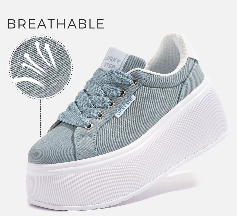 LUCKY STEP Women's Platform Fashion Sneakers Classic Wedge Canvas Casual Low Top Retro Walking Shoes(Denim Blue,11 B(M) US) - Image 4