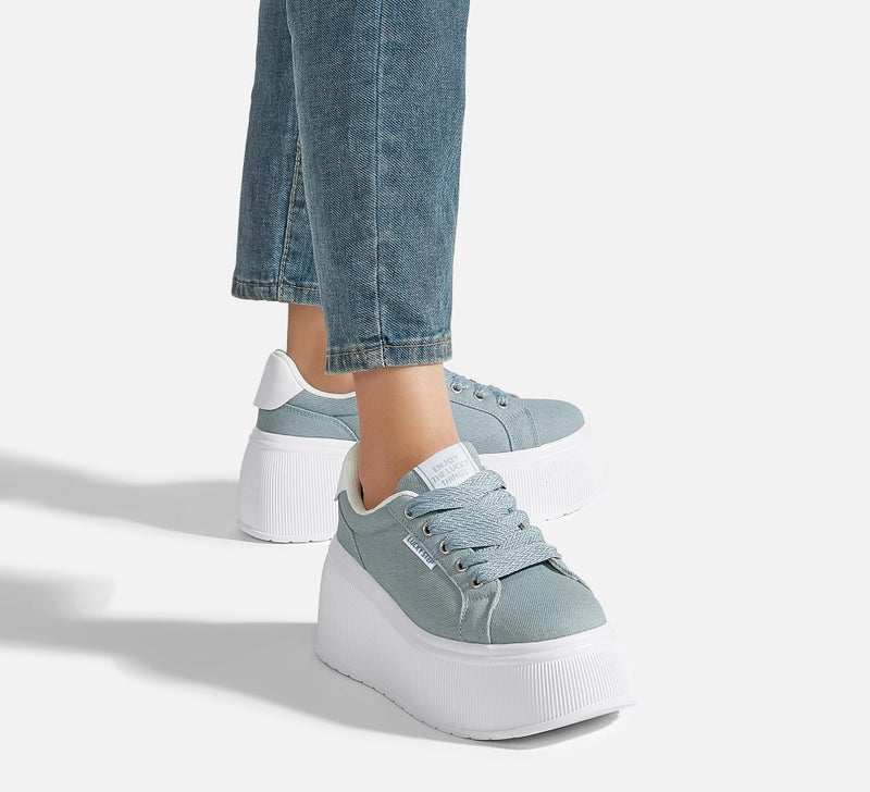 LUCKY STEP Women's Platform Fashion Sneakers Classic Wedge Canvas Casual Low Top Retro Walking Shoes(Denim Blue,11 B(M) US) - Image 2