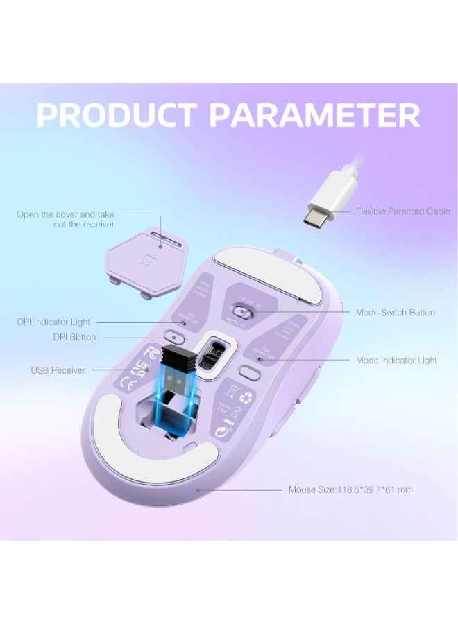 Attack Shark Shark Attack X3 Wireless Lightweight Gaming Mouse with Triple Mode 2.4G/USB-C Wired/Bluetooth Up to 26K DPI PAW3395 Optical Sensor, 5 Programmable Buttons for PC/Laptop/Win/Mac Purple - Image 3