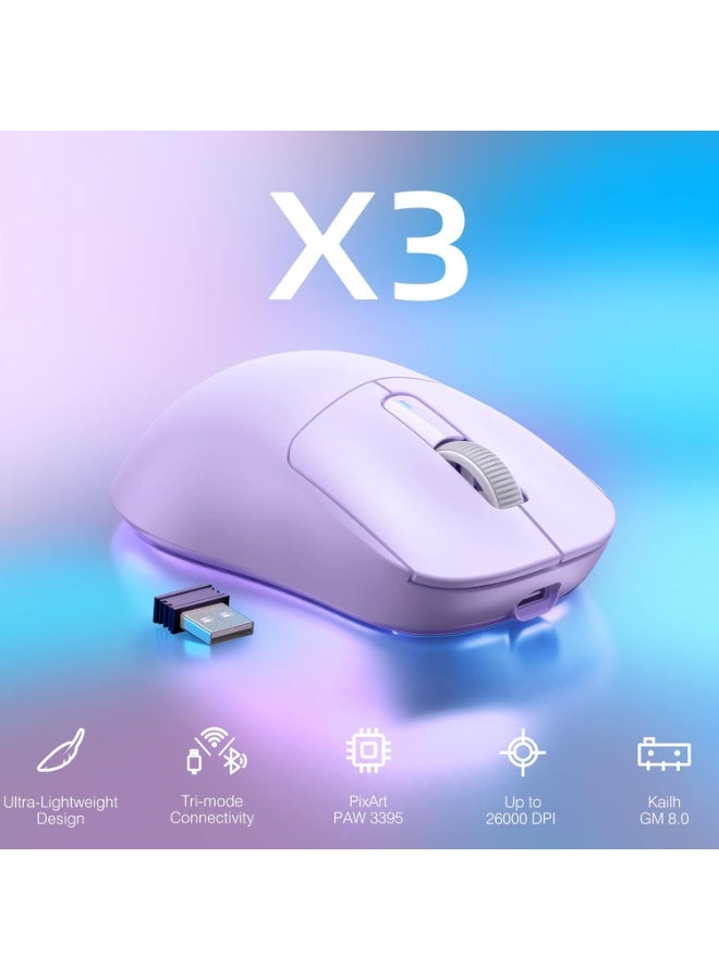 Attack Shark Shark Attack X3 Wireless Lightweight Gaming Mouse with Triple Mode 2.4G/USB-C Wired/Bluetooth Up to 26K DPI PAW3395 Optical Sensor, 5 Programmable Buttons for PC/Laptop/Win/Mac Purple - Image 2