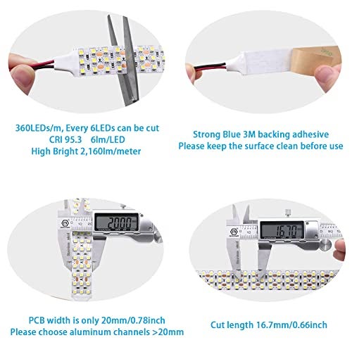 SuperlightingLED DC12V High CRI 95 White LED Strip Lights - Triple Row Daylight White 6000K 360LEDs 3528SMD Flexible LED Tape Lights For Photography, Trunk lighting(12V 6000K 1m/3.28', Non-waterproof IP20) - Image 4