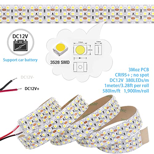 SuperlightingLED DC12V High CRI 95 White LED Strip Lights - Triple Row Daylight White 6000K 360LEDs 3528SMD Flexible LED Tape Lights For Photography, Trunk lighting(12V 6000K 1m/3.28', Non-waterproof IP20) - Image 2