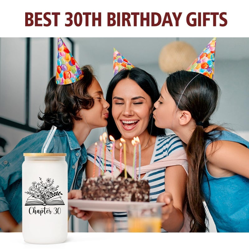 SteadStyle 30th Birthday Gifts for Women - 16oz Frosted Glass Cup with Lids and Straw, 30 Year Old Birthday Gifts for Her, Happy 30s Birthday Decoration for Sister, Friends, Daughter, Wife, Co-Worker - Image 2
