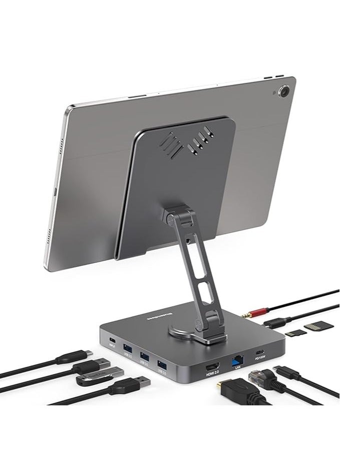 Portable 10-in-1 USB C Hub for iPad Pro with Swivel Folding Stand, Docking Station with HDMI 4K/60Hz, 1000Mbps, USB3.0*3, 3.5mm Headphone Port