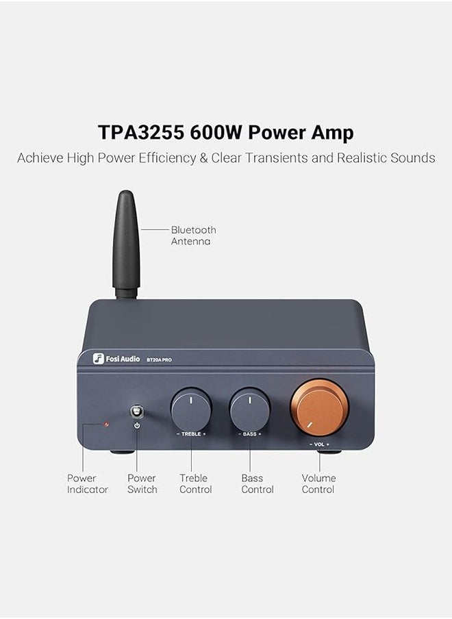 Fosi Audio Fosi Audio BT20A Pro 300W x2 TPA3255 Bluetooth 5.0 Home Audio Stereo 2 Channel Amplifier Receiver Mini Hi-Fi Class D Upgraded Integrated Amp for Speakers with Bass Treble Control  - Image 4
