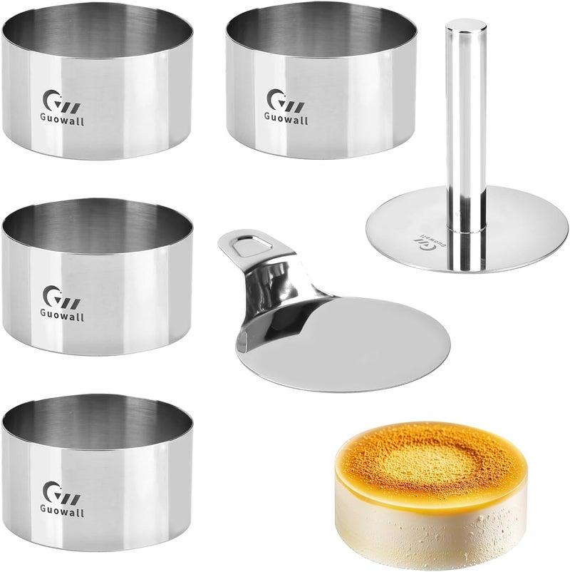 Guowall 4 pack Seamless Mousse Cake Ring set Stainless Steel 4 inch Round Food Mold Dessert Cutter for Baking (Includes 1 Lifter, 1 Pusher and 4 Rings) - Image 1