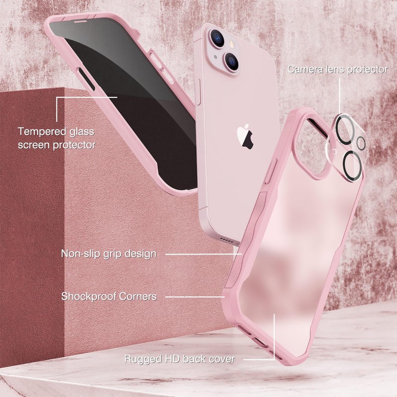CENHUFO Privacy for iPhone 14 Case/iPhone 13 Case, Full Body Phone Case with Built-in 9H Tempered Glass Privacy Screen Protector and Camera Lens Protector, Shockproof Bumper Clear Cover - Pink - Image 3