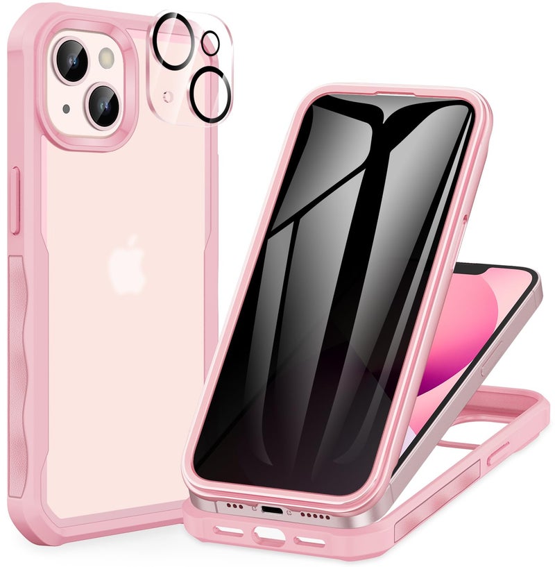 CENHUFO Privacy for iPhone 14 Case/iPhone 13 Case, Full Body Phone Case with Built-in 9H Tempered Glass Privacy Screen Protector and Camera Lens Protector, Shockproof Bumper Clear Cover - Pink - Image 1