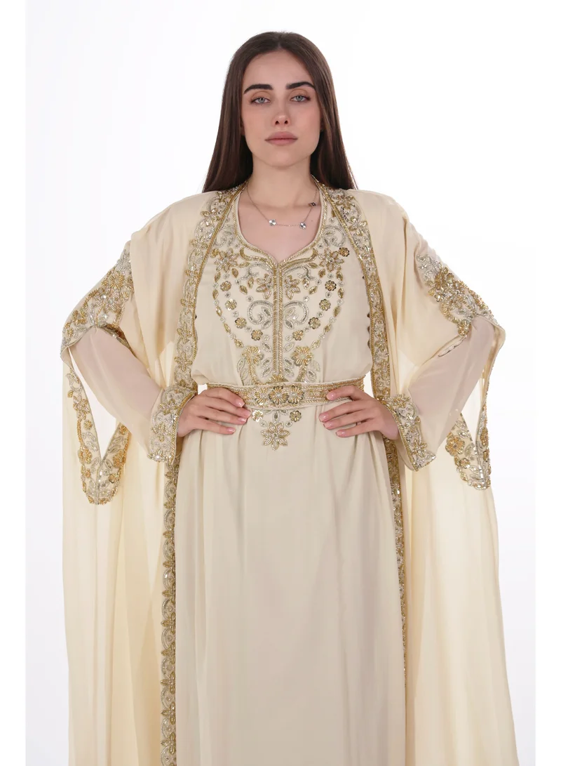 AL BENT AL SHARQIEH beige emboidered chiffon kaftan dress for Women | Best Price UAE