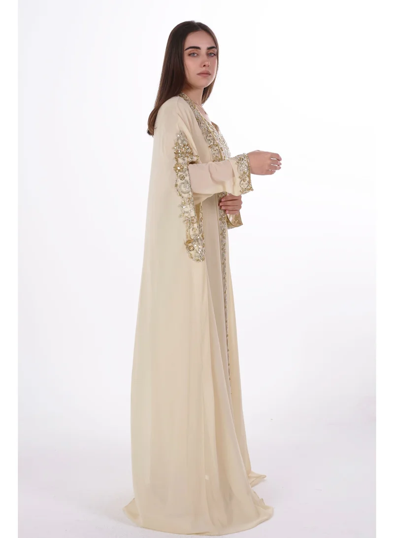 AL BENT AL SHARQIEH beige emboidered chiffon kaftan dress for Women | Best Price UAE