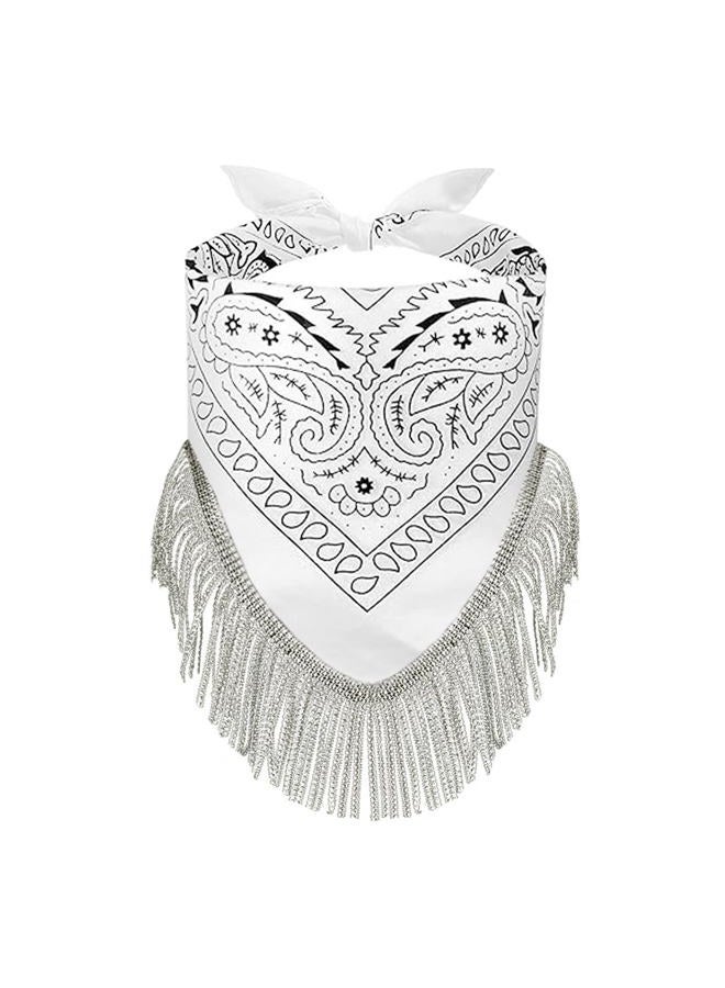 NICEYST Women Finged Bandana Western Cowgirl Scarf Rhinestone Tassel Neckerchief Bachelorette Last Disco Party Favor (White) - Image 1
