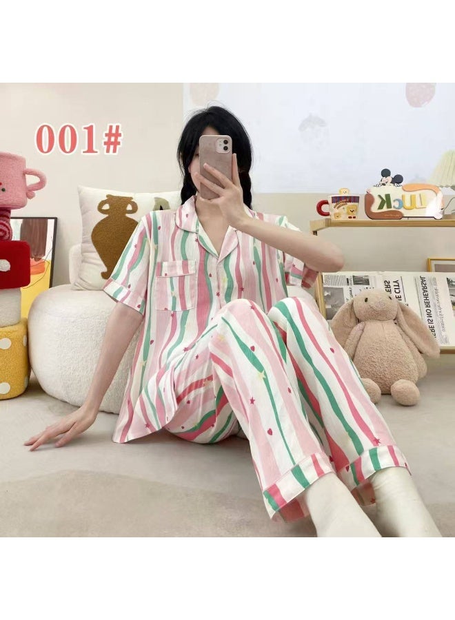 Korean Style Women's Cotton Pajama Set, Soft Cloud Cotton Sleepwear, Short Sleeve Button-Up Top & Long Pants, Free Size