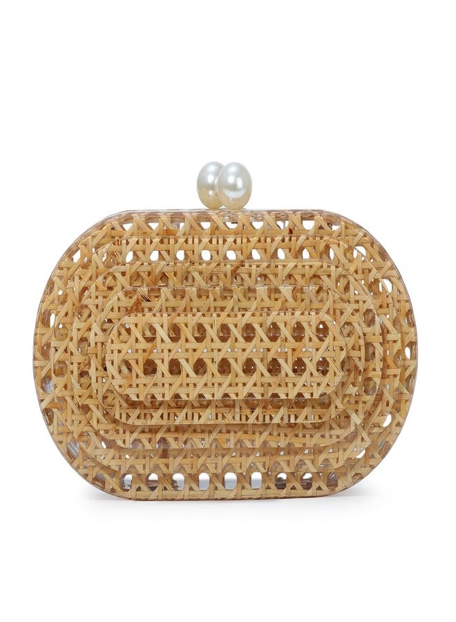 Fecialy Women Acrylic Clutch Purse Rattan Woven Pattern Handbag Shell Shape Crossbody Bag Chic Evening Bag - Image 1