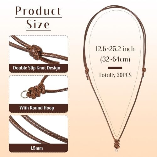 BB Beadthoven Beadthoven 30pcs Rope Necklace Cord Adjustable Double Knotted Necklaces String 1.5mm Rope Chain Choker with Metal Ring for Hanging Pendants Jewelry Making Brown Cord Necklace for Men Women - Image 2