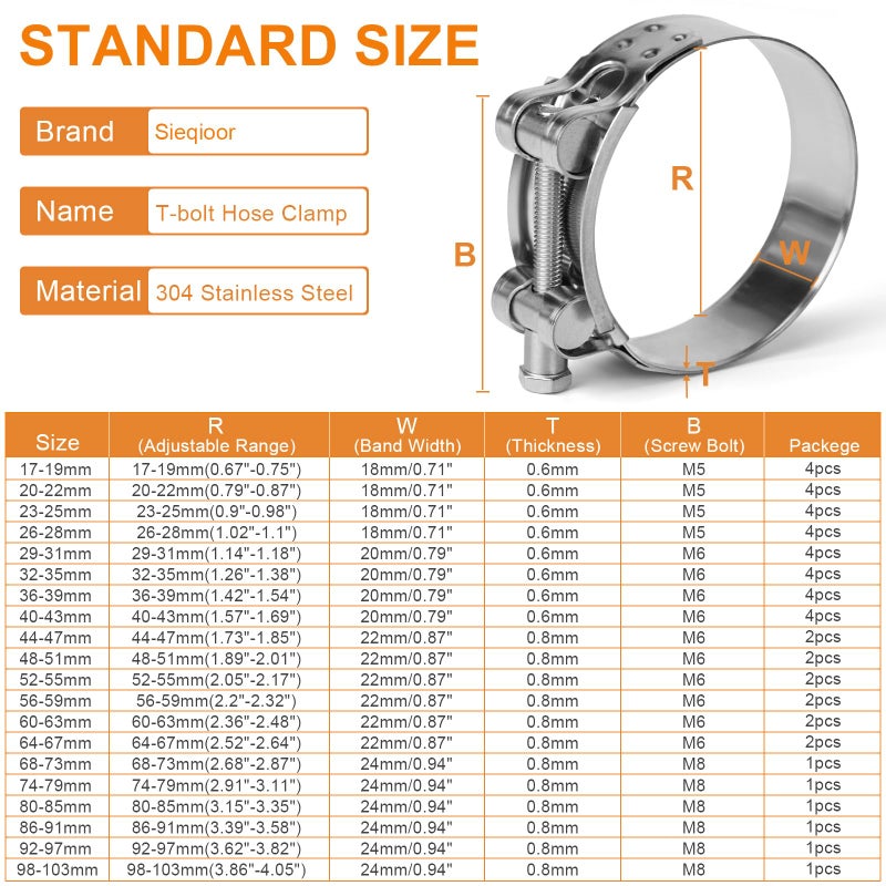 Sieqioor T-Bolt Hose Clamps 304 Stainless Steel (26-28mm 4-Pack) - Heavy Duty Adjustable Clamp for Automotive, Plumbing & Industrial Pipes - Corrosion Resistant, Secure Seal - Image 2
