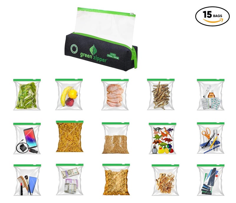 GREEN ZIPPER Ziploc Pouches Ziplock Bag For Storage Ziplock Bags For Fridge Storage Ziplock bags Large 1 Pack 15 Pieces 10X12 255 X30cmPlasticGreen - Image 2