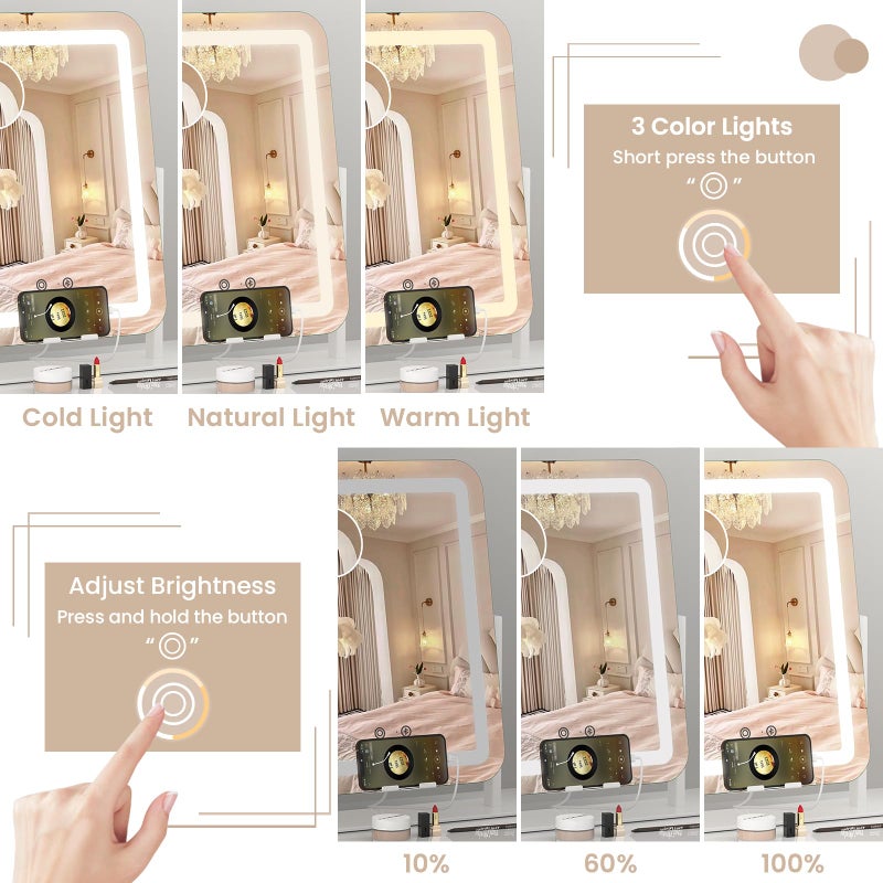 Dripex 5-in-1 Lighted Vanity Mirror with Bluetooth Speaker & Type-C Charging, 15"x12" LED Makeup Mirror with Lights 3 Colors Dimmable, Phone Holder Touch Keys 10X Magnification - Image 3