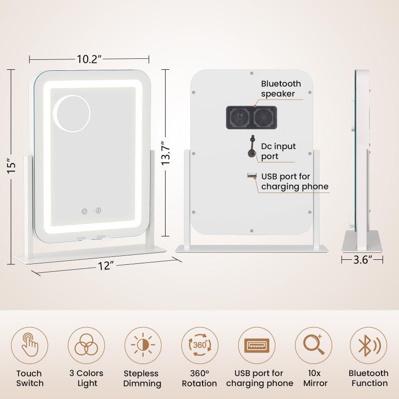 Dripex 5-in-1 Lighted Vanity Mirror with Bluetooth Speaker & Type-C Charging, 15"x12" LED Makeup Mirror with Lights 3 Colors Dimmable, Phone Holder Touch Keys 10X Magnification - Image 5