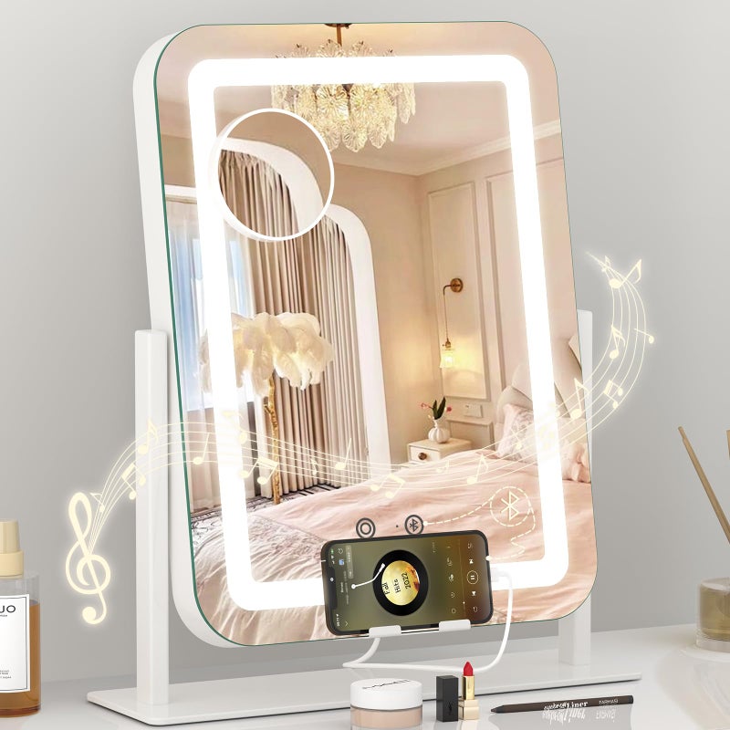 Dripex 5-in-1 Lighted Vanity Mirror with Bluetooth Speaker & Type-C Charging, 15"x12" LED Makeup Mirror with Lights 3 Colors Dimmable, Phone Holder Touch Keys 10X Magnification - Image 1