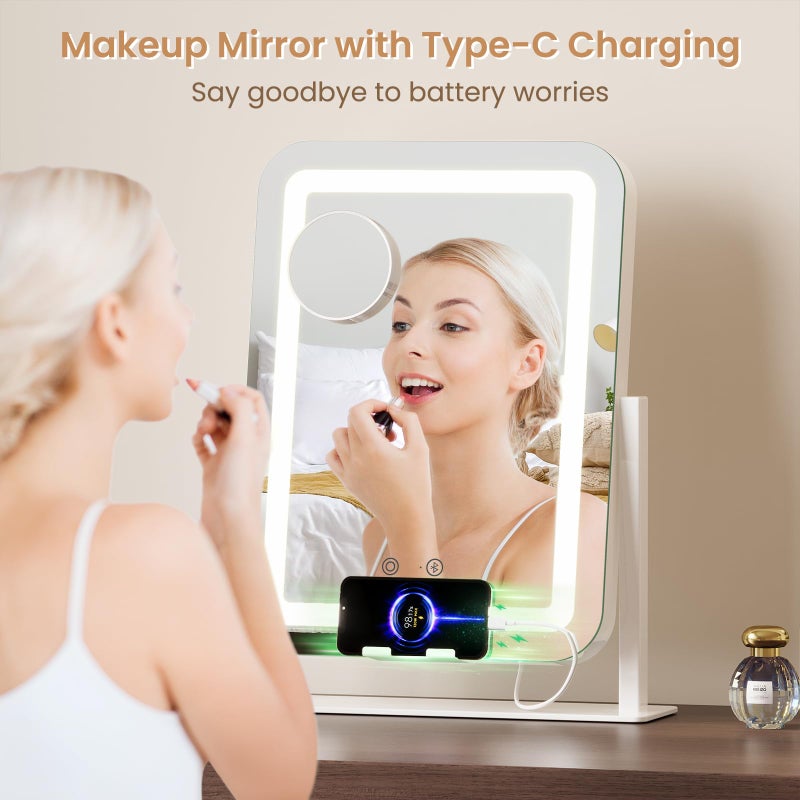 Dripex 5-in-1 Lighted Vanity Mirror with Bluetooth Speaker & Type-C Charging, 15"x12" LED Makeup Mirror with Lights 3 Colors Dimmable, Phone Holder Touch Keys 10X Magnification - Image 4