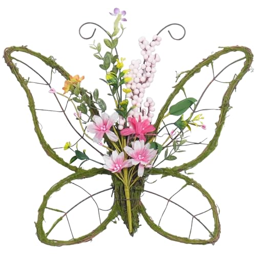 idyllic Butterfly Shaped Wreath with Pastel Berries and Floral Spring Artificial Wreaths for Front Door DecorPink - Image 1