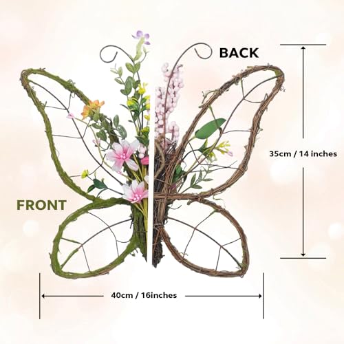 idyllic Butterfly Shaped Wreath with Pastel Berries and Floral Spring Artificial Wreaths for Front Door DecorPink - Image 3