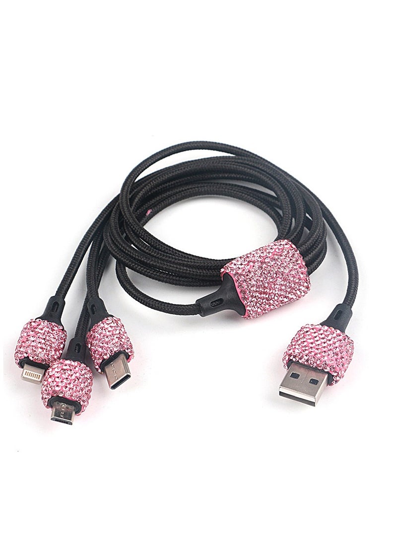 شاحن سيارة USB، كابل شحن متعدد USB ثلاثي الأغراض بطول 1 متر، محول سريع ثنائي المداخل بتزيين كريستالي 2.1A يناسب iPhone وType C وAndroid، ملحقات ديكور السيارة - Image 1