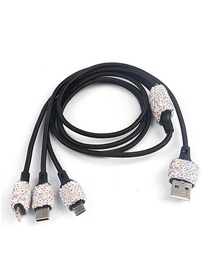 شاحن سيارة USB، كابل شحن متعدد USB ثلاثي الأغراض بطول 1 متر، محول سريع ثنائي المداخل بتزيين كريستالي 2.1A يناسب iPhone وType C وAndroid، ملحقات ديكور السيارة - Image 2