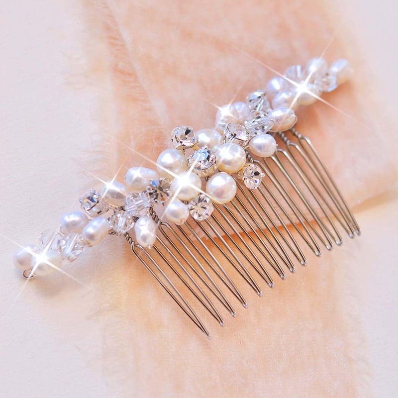 Unicra Wedding Pearl Hair Comb Flower Hair Accessories with Crystal Bridal Side Combs Headpiece for Bride Silver