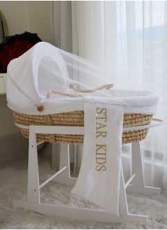 StarKids Baby Moses Basket Cradle With Rocking Stand, White  - Image 1
