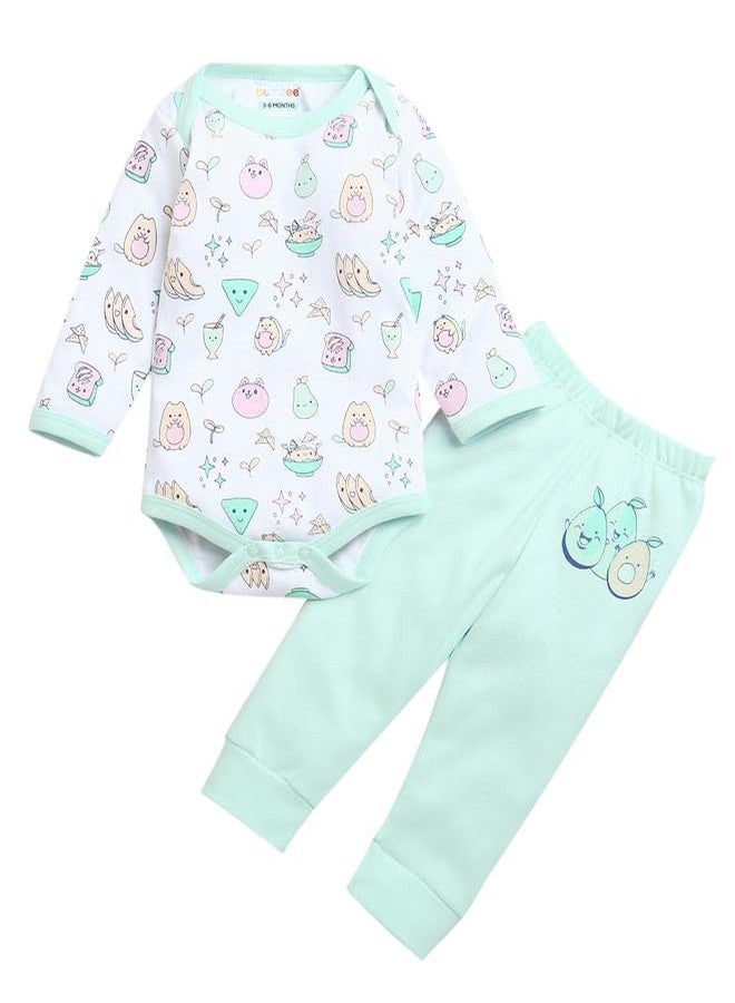 BUMZEE Mint & White Girls Full Sleeves Cotton Bodysuit & Pyjama Set Age - 6-9 Months (Peb9839D-mnt.wht) - Image 1
