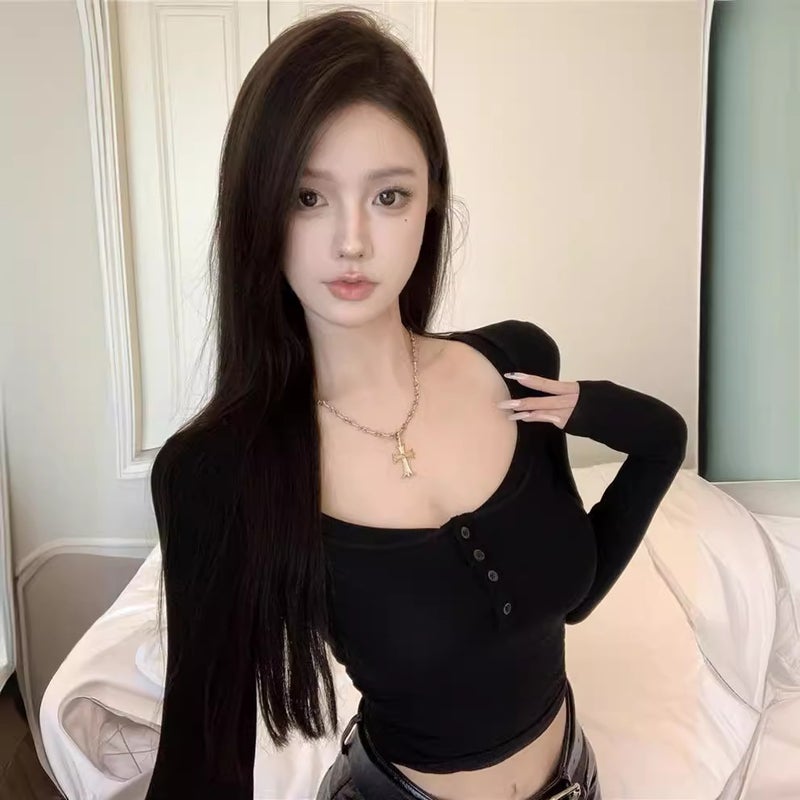Pure Square Collar Long Sleeve Shoulder T-Shirt Women'S Autumn Slim Fit Tight Short Undershirt Black Top - Image 2
