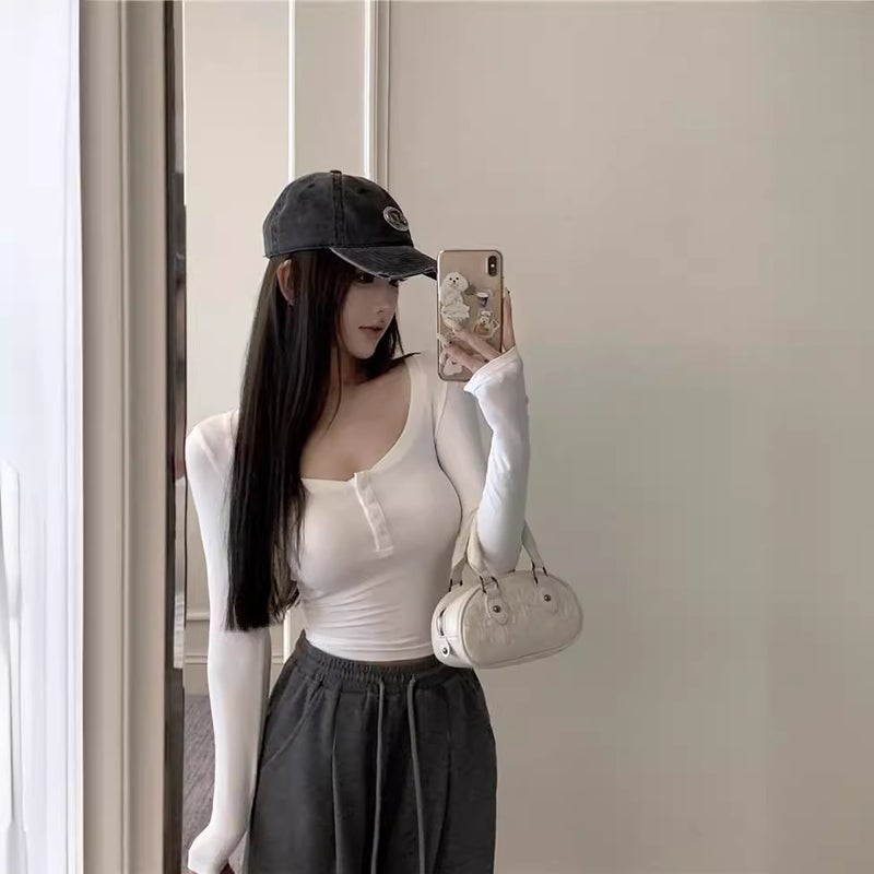Pure Square Collar Long Sleeve Shoulder T-Shirt Women'S Autumn Slim Fit Tight Short Undershirt Black Top - Image 5