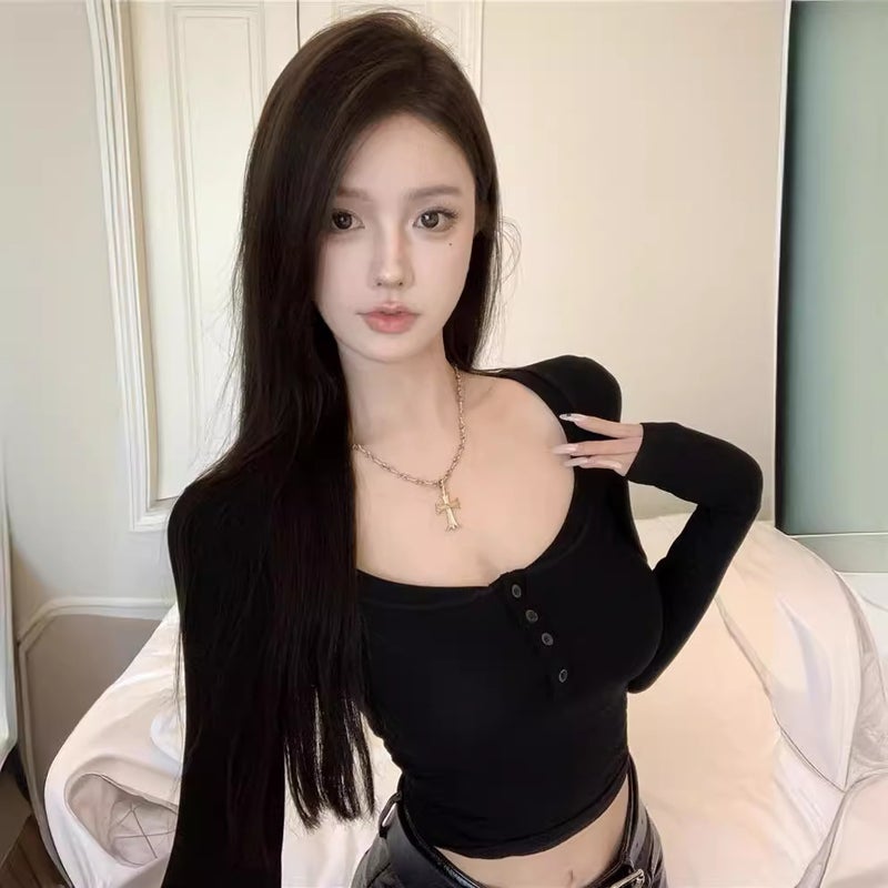 Pure Square Collar Long Sleeve Shoulder T-Shirt Women'S Autumn Slim Fit Tight Short Undershirt Black Top - Image 4