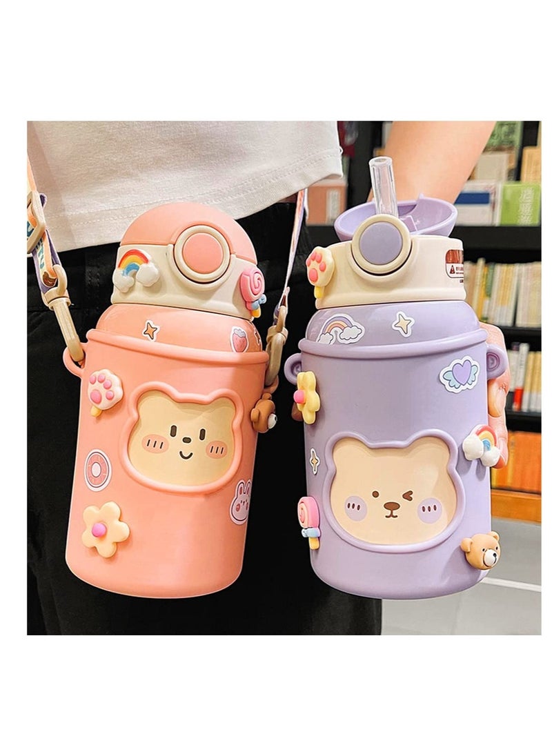 SYOSI Kawaii Water Bottle for Girls Cute Water Bottles with Straw, Portable Leakproof Kawaii Bear Water Bottle with Adjustable Strap and Sleeve - for School Outdoor Sports Travel, BPA-Free, 24oz (Purple)  - Image 4