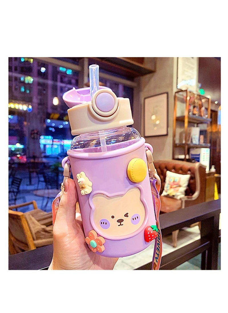 SYOSI Kawaii Water Bottle for Girls Cute Water Bottles with Straw, Portable Leakproof Kawaii Bear Water Bottle with Adjustable Strap and Sleeve - for School Outdoor Sports Travel, BPA-Free, 24oz (Purple)  - Image 1