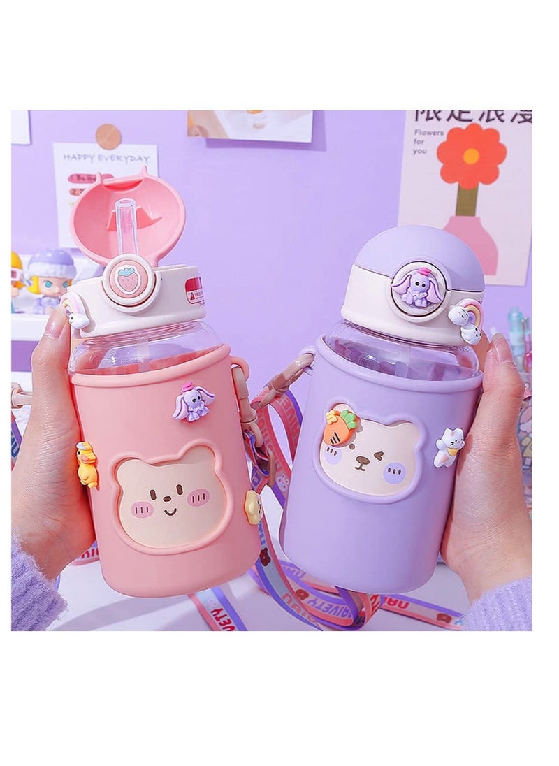 SYOSI Kawaii Water Bottle for Girls Cute Water Bottles with Straw, Portable Leakproof Kawaii Bear Water Bottle with Adjustable Strap and Sleeve - for School Outdoor Sports Travel, BPA-Free, 24oz (Purple)  - Image 2