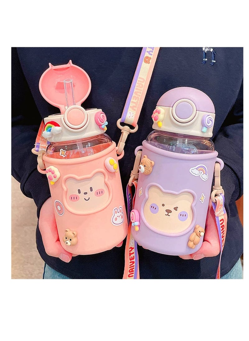 SYOSI Kawaii Water Bottle for Girls Cute Water Bottles with Straw, Portable Leakproof Kawaii Bear Water Bottle with Adjustable Strap and Sleeve - for School Outdoor Sports Travel, BPA-Free, 24oz (Purple)  - Image 5