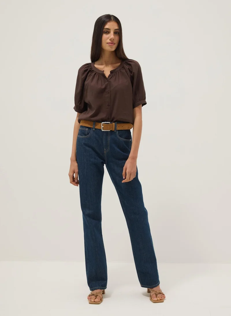 او في اس OVS Brown Linen Blend Regular Fit Shirt With Mandarin Collar