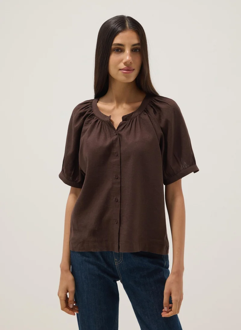 او في اس OVS Brown Linen Blend Regular Fit Shirt With Mandarin Collar